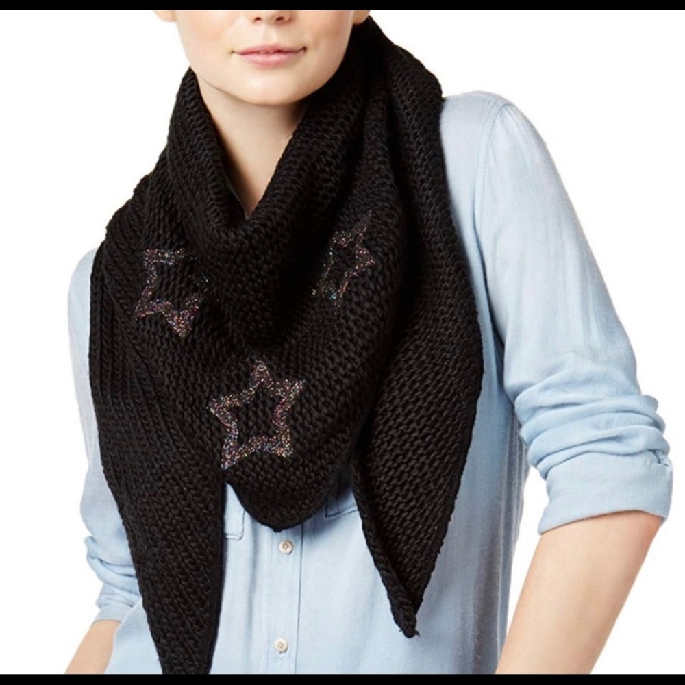 Marcus Alder Black Soft Knit Star Scarf NEW + surprise brooch